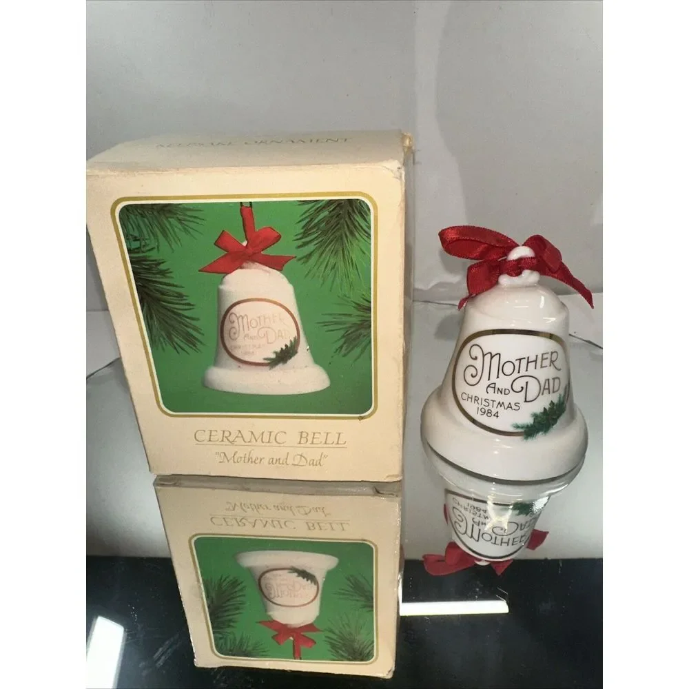 Mother Mom and Dad Christmas Ornament‎ 1984 Ceramic Bell Hallmark Keepsake MIB